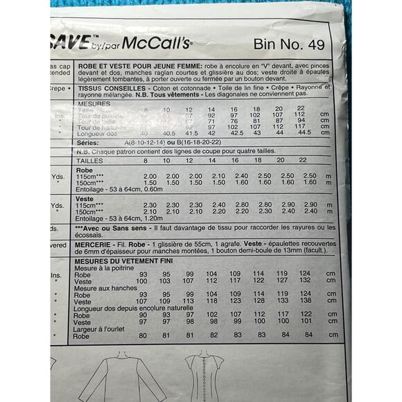 McCalls 8496 Sewing pattern dress blazer size 16 18 20 22 - Picture 4 of 5